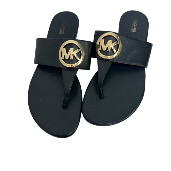 Michael Kors Women Black Leather Thong Sandals W/ Gold Logo Size 9.5M - Picture 2 of 11